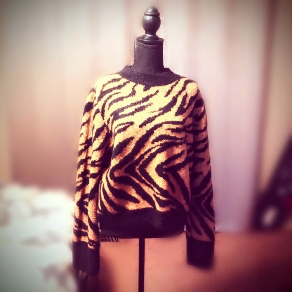 H & M Striped Animal Print Cozy Fuzzy Sweater Cropped Small